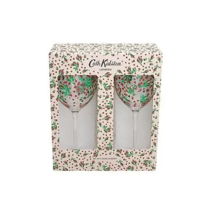 Cath Kidston Cooking & Dining*Roses And Hearts Set Of 2 Wine Glasses
